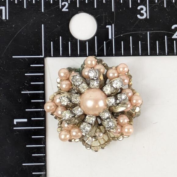 Vintage Pink Faux Pearl Scarf Dress Clip Rhinestone Floral Mid-Century Jewelry - Picture 5 of 5
